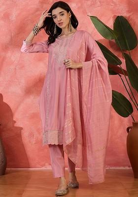 Pink Embroidered Blended Kurta Set