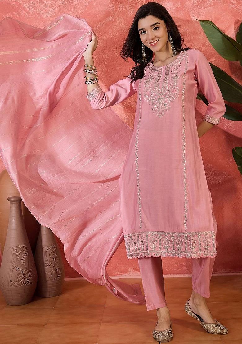 Pink Embroidered Blended Kurta Set - Indya