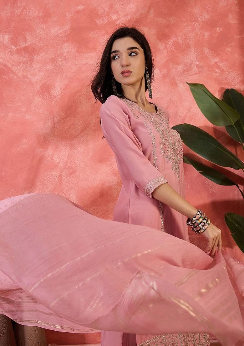 Pink Embroidered Blended Kurta Set - Indya