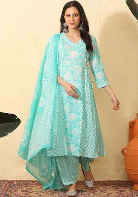 Turquoise Blue Printed Blended Kurta Set