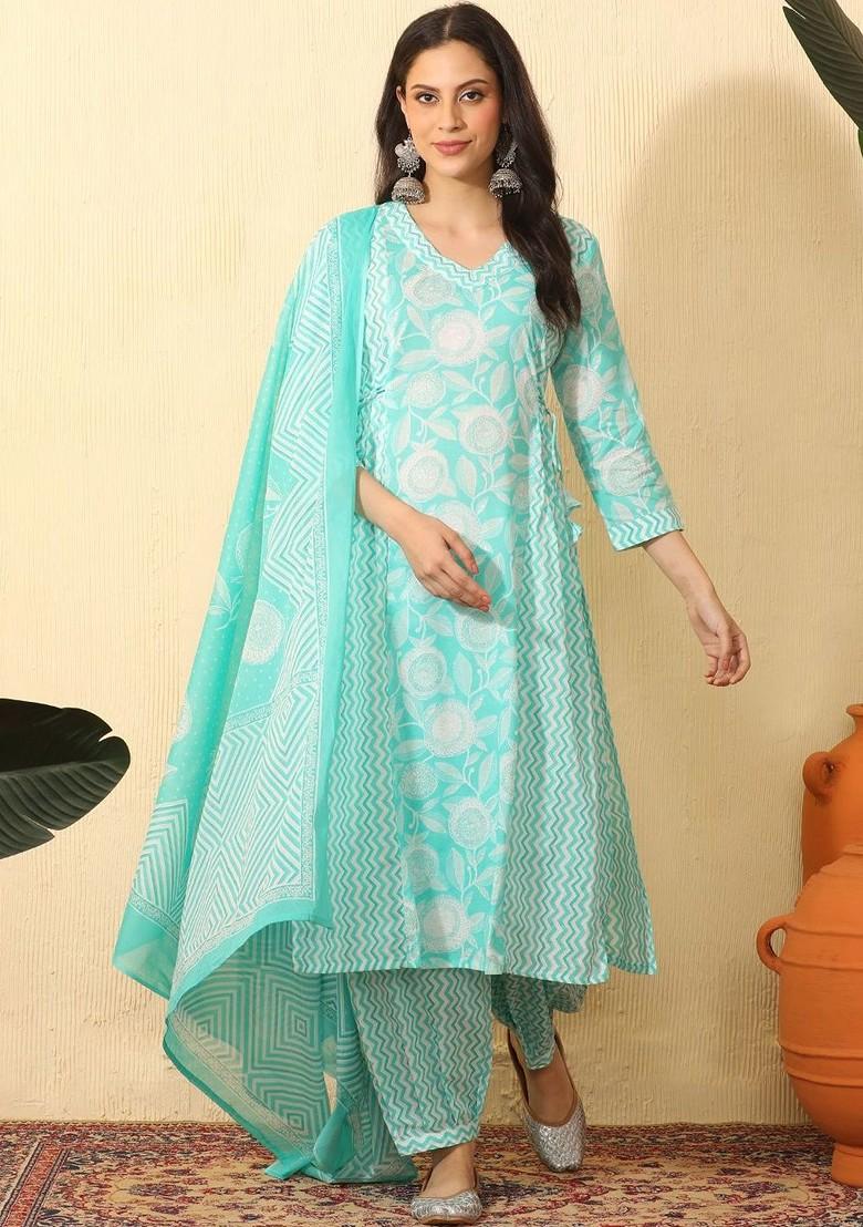 Turquoise Blue Printed Blended Kurta Set - Indya