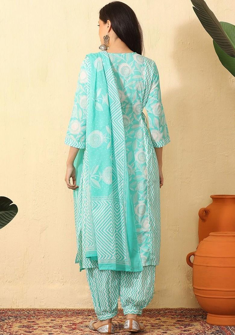 Turquoise Blue Printed Blended Kurta Set - Indya
