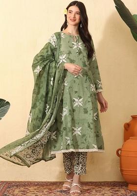 Green Printed Blended Kurta Set