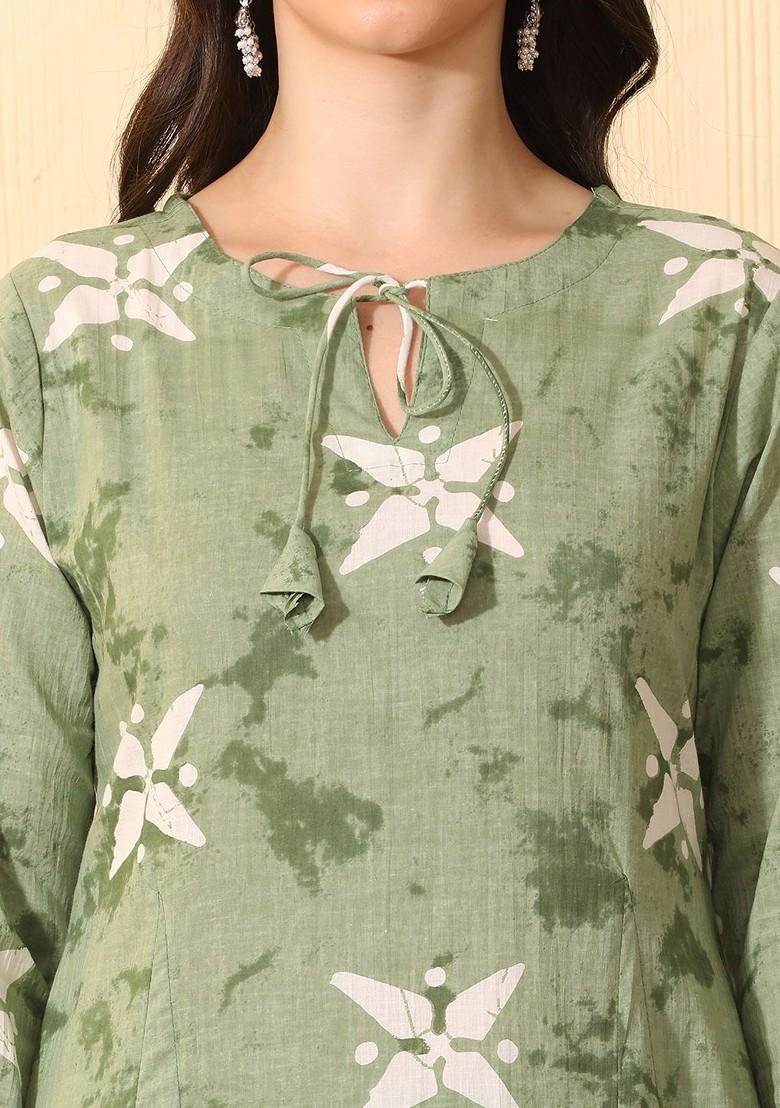 Green Printed Blended Kurta Set - Indya