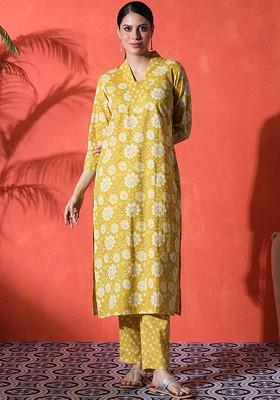 Mustard Printed Blended Kurta Set