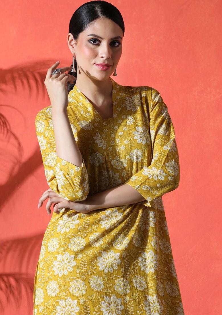 Mustard Printed Blended Kurta Set - Indya