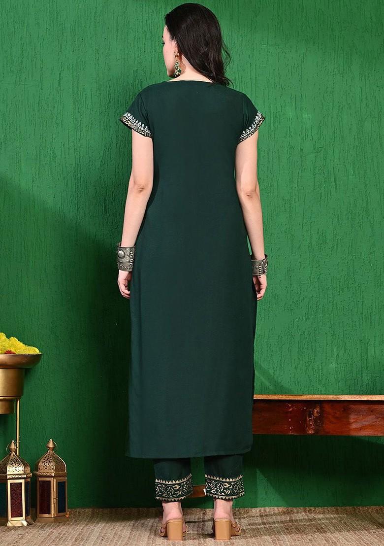 Green Printed Blended Kurta Set - Indya