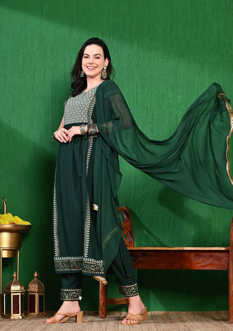 Green Printed Blended Kurta Set