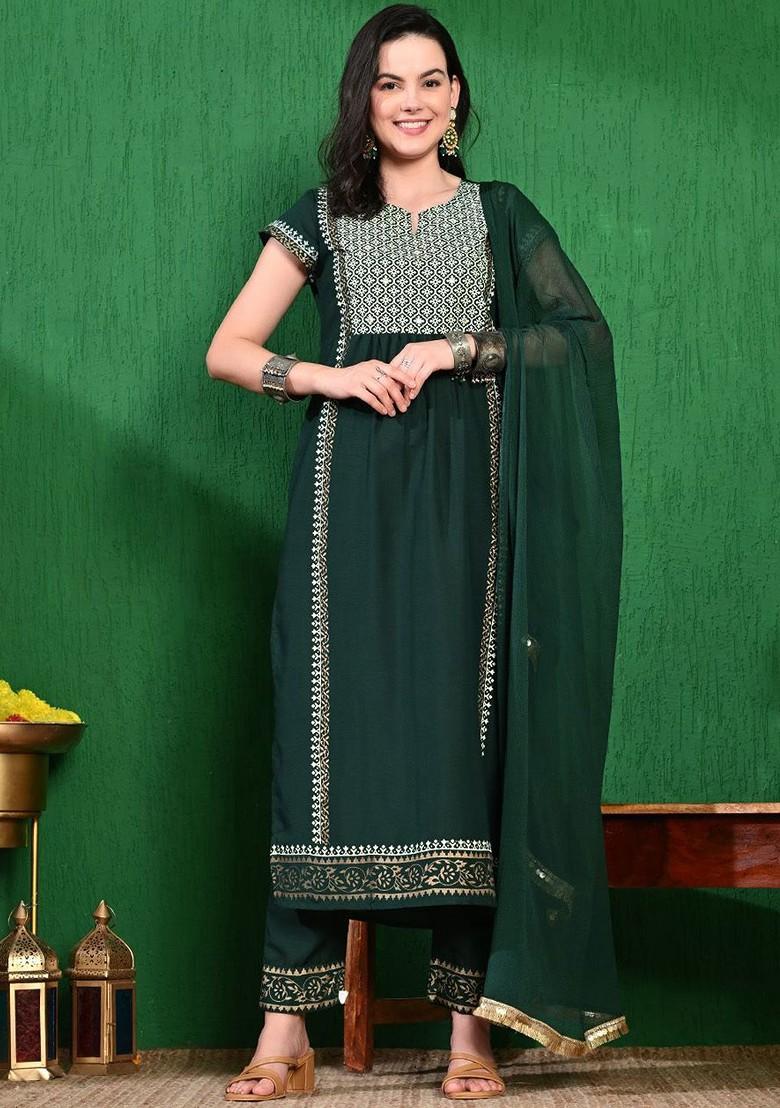Green Printed Blended Kurta Set - Indya