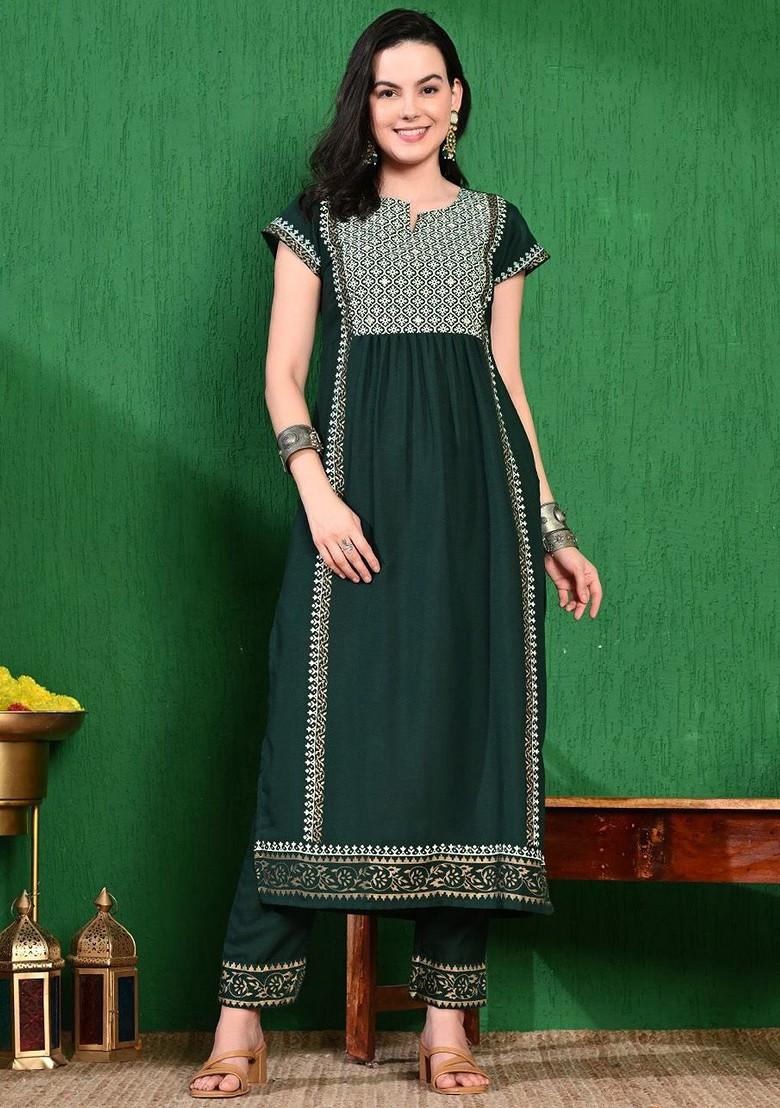 Green Printed Blended Kurta Set