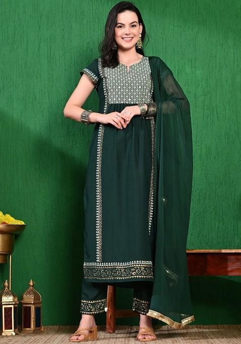 Green Printed Blended Kurta Set