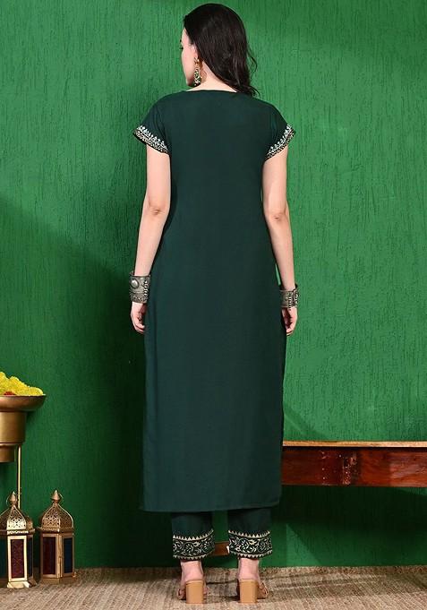 Green Printed Blended Kurta Set