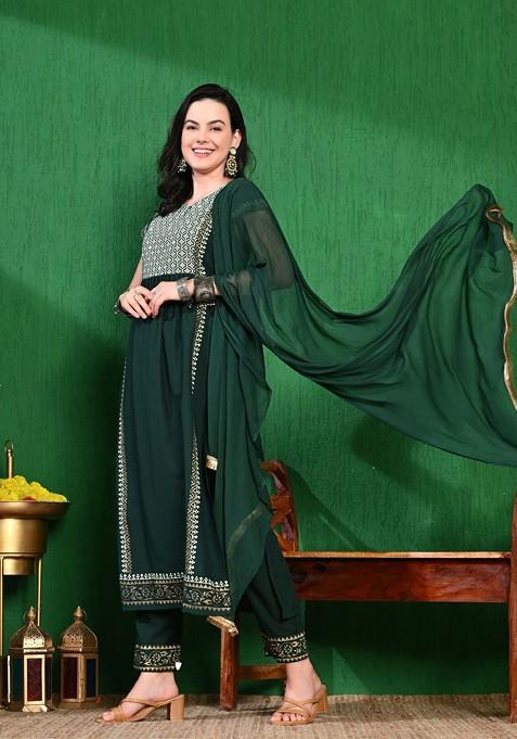 Green Printed Blended Kurta Set