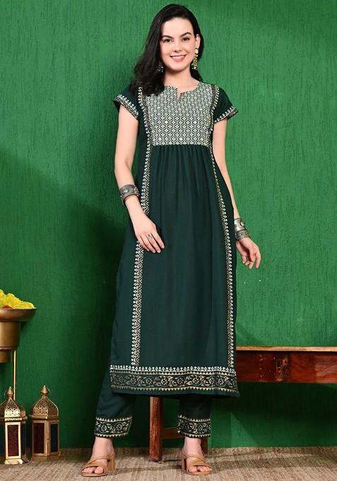 Green Printed Blended Kurta Set