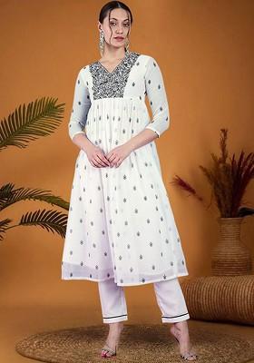 White Embroidered Blended Kurta Set