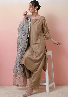 Beige Embroidered Blended Kurta Set