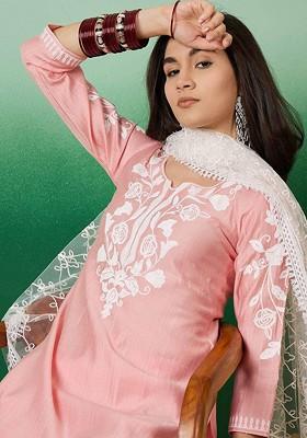 Peach Embroidered Blended Kurta Set