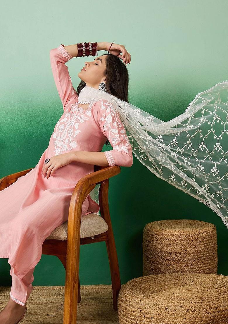 Peach Embroidered Blended Kurta Set - Indya