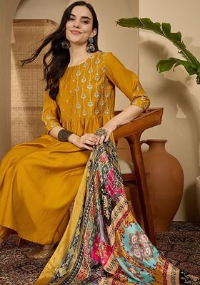 Mustard Embroidered Blended Kurta Set