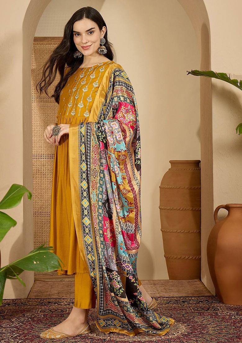 Mustard Embroidered Blended Kurta Set - Indya