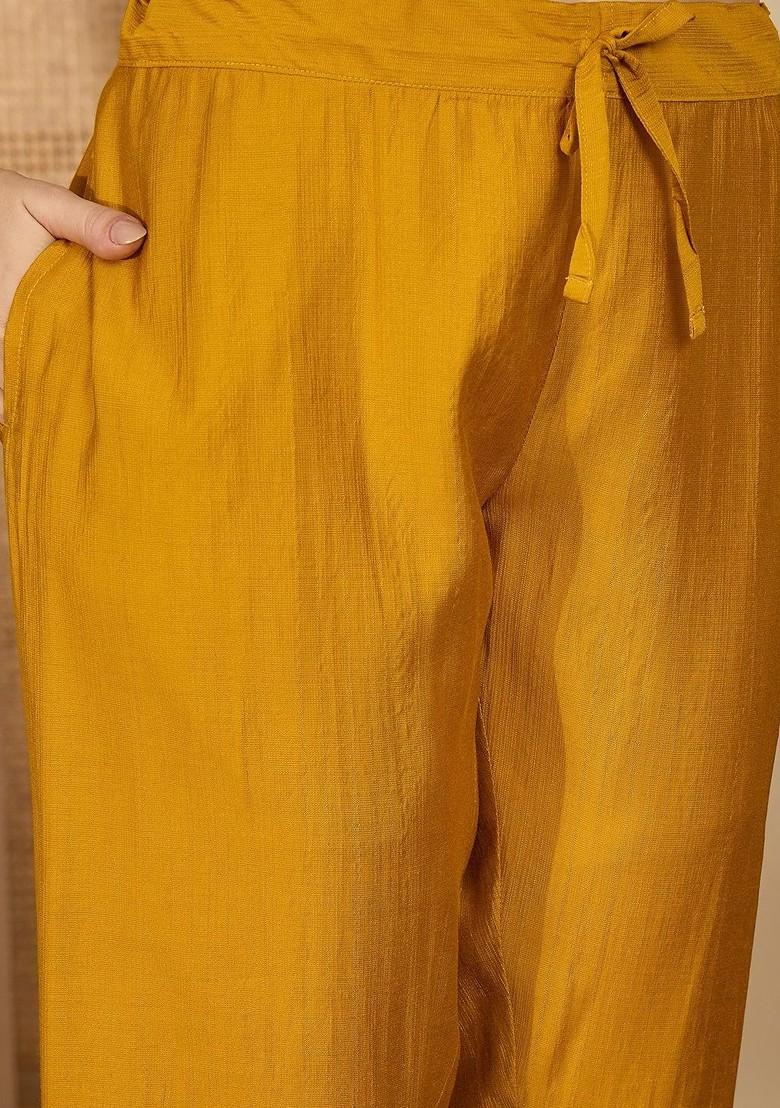 Mustard Embroidered Blended Kurta Set - Indya