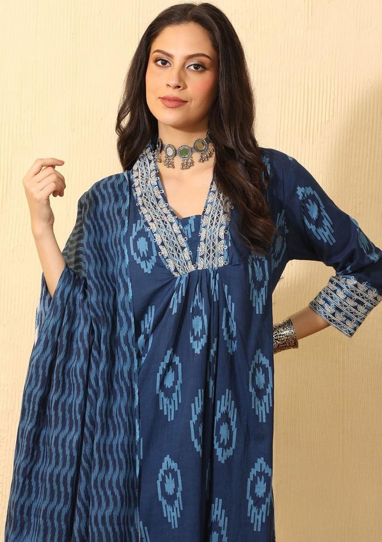 Navy Blue Printed Blended Kurta Set - Indya
