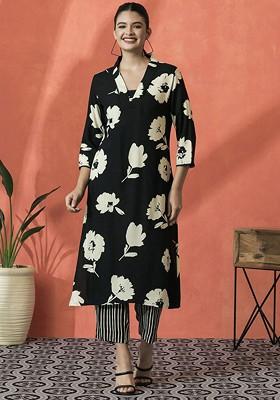 Black Printed Blended Kurta Set