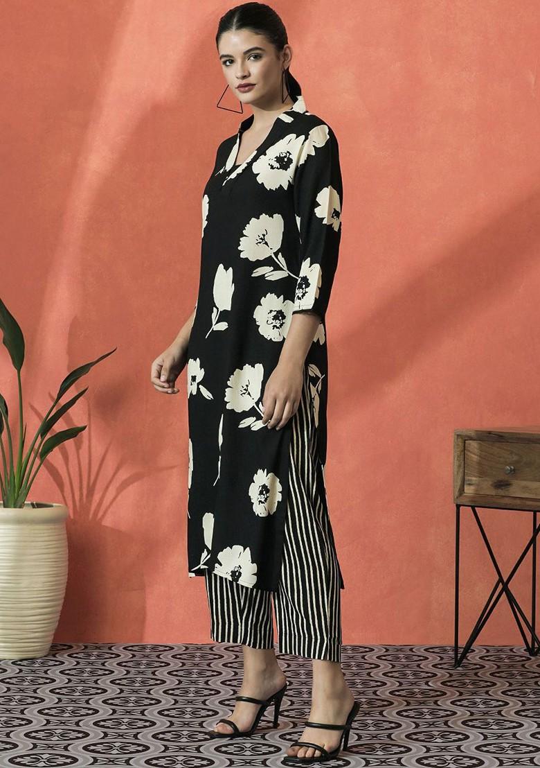 Black Printed Blended Kurta Set - Indya