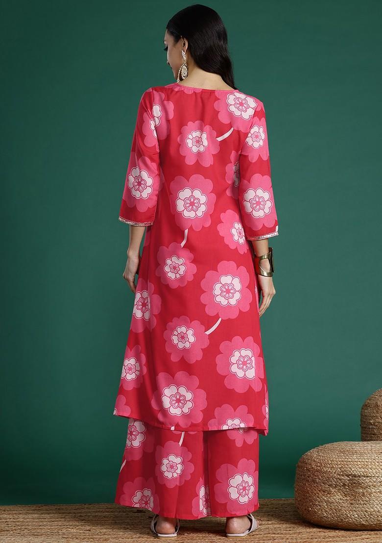Pink Printed Blended Kurta Set - Indya
