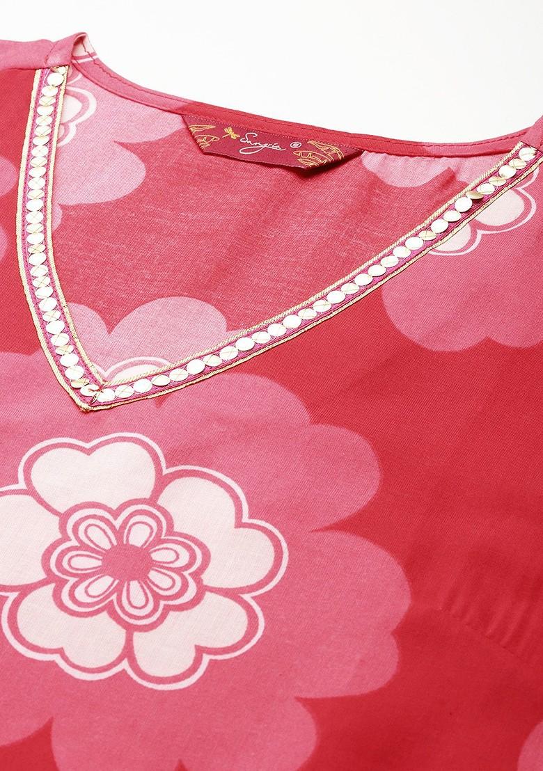 Pink Printed Blended Kurta Set - Indya