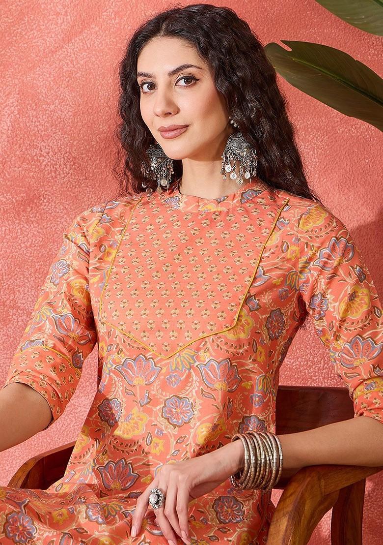Peach Printed Blended Kurta Set - Indya