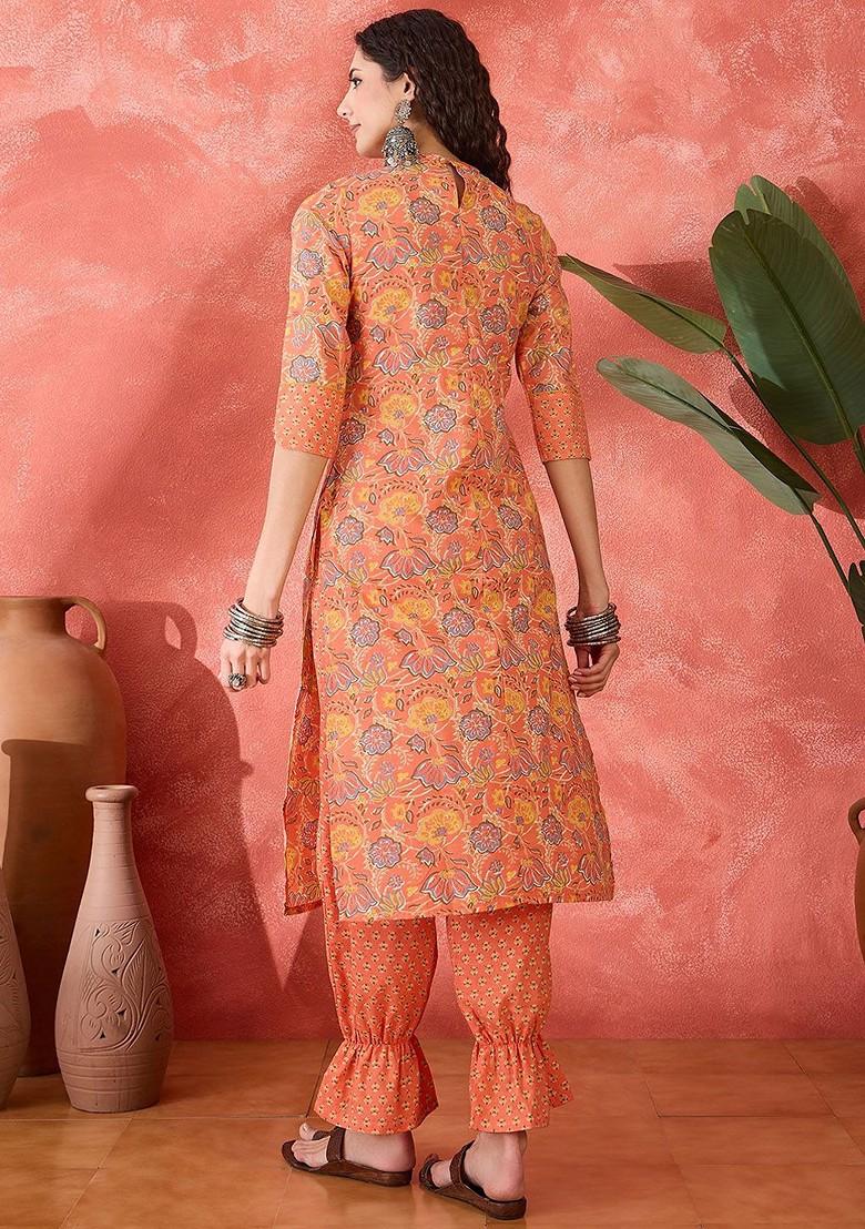 Peach Printed Blended Kurta Set - Indya
