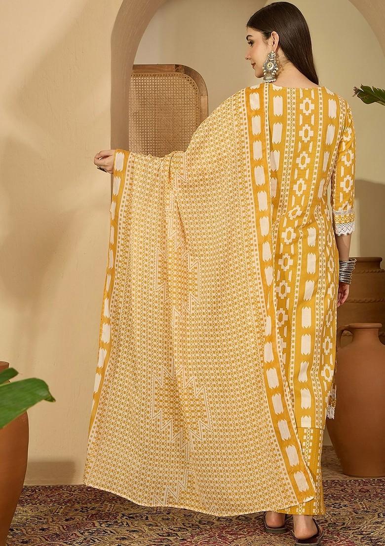 Yellow Printed Blended Kurta Set - Indya