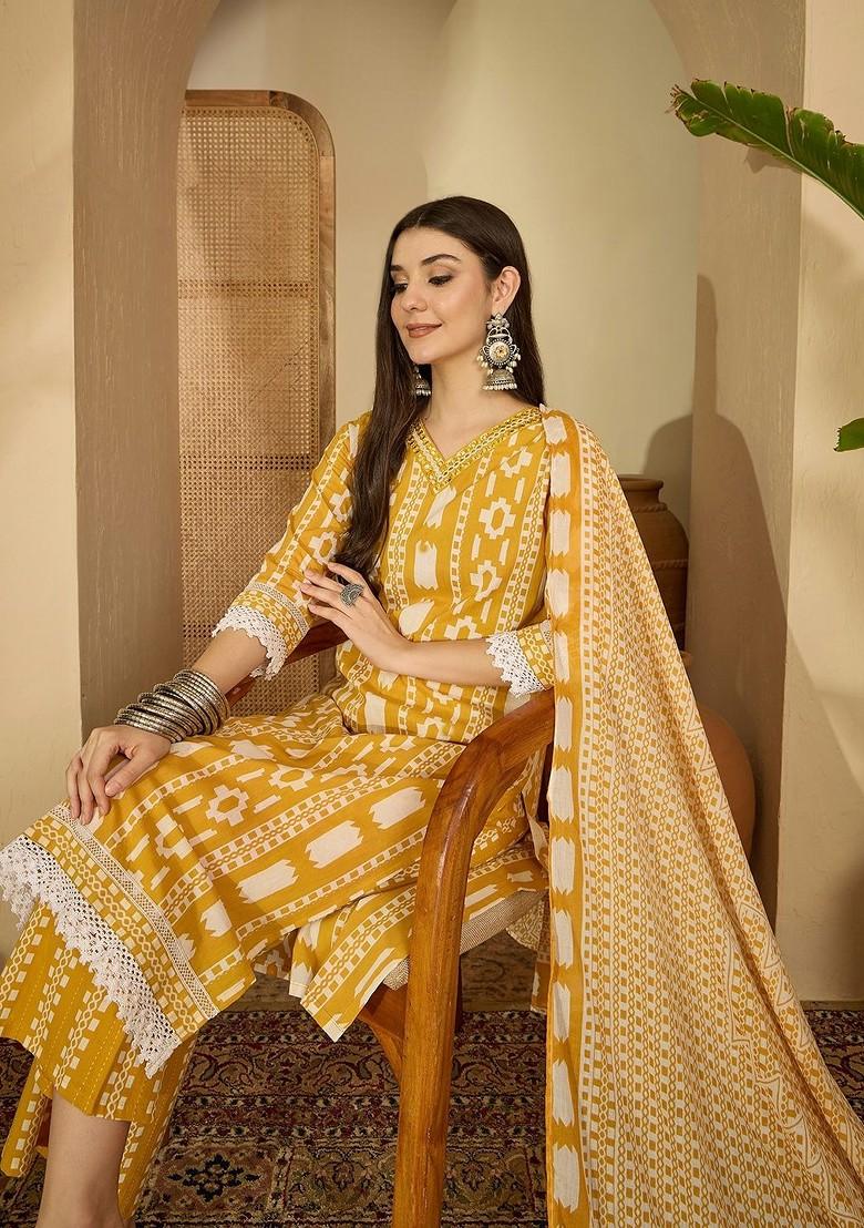 Yellow Printed Blended Kurta Set - Indya