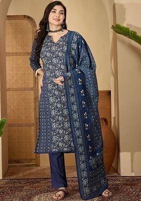 Navy Blue Printed Blended Kurta Set