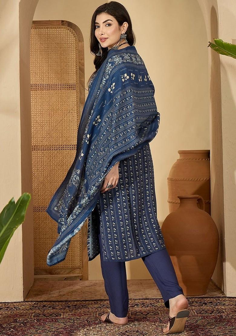 Navy Blue Printed Blended Kurta Set - Indya