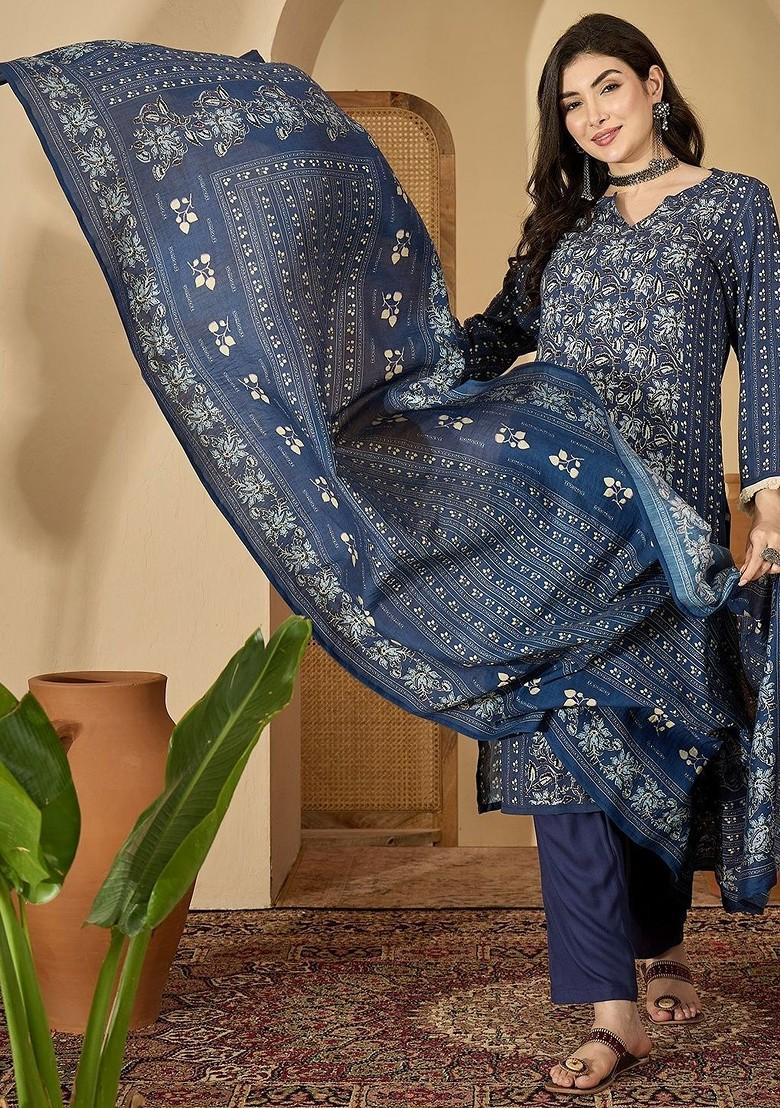 Navy Blue Printed Blended Kurta Set - Indya