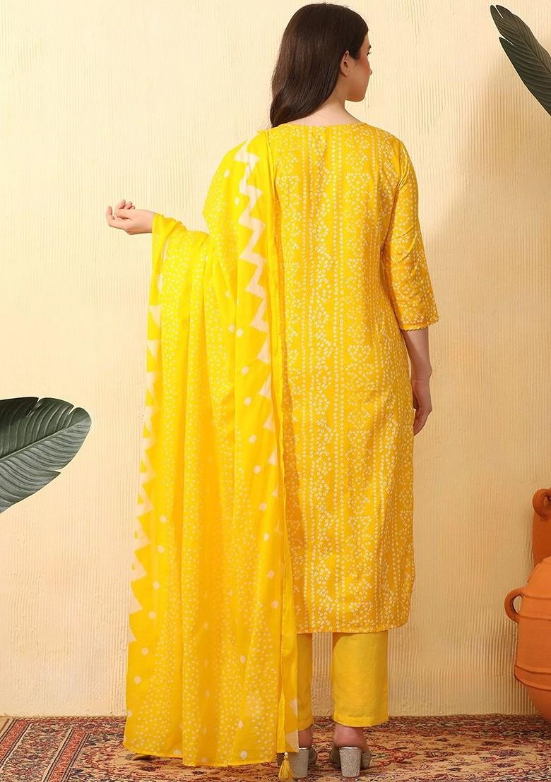Yellow Printed Blended Kurta Set - Indya