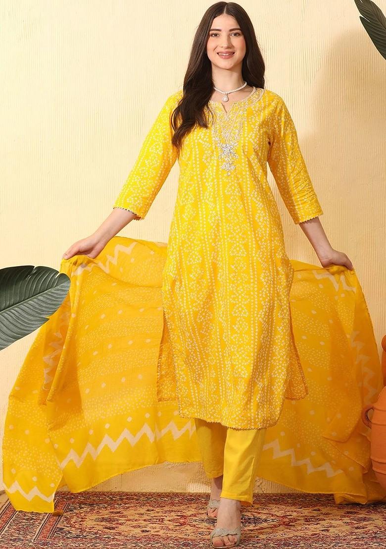 Yellow Printed Blended Kurta Set - Indya