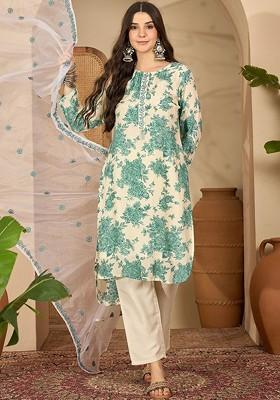 Green Printed Blended Kurta Set