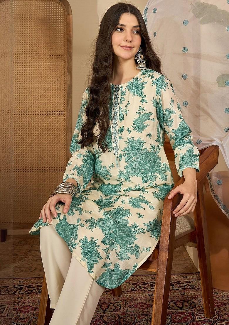 Green Printed Blended Kurta Set - Indya
