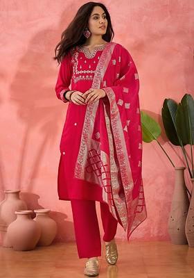 Pink Embroidered Blended Kurta Set