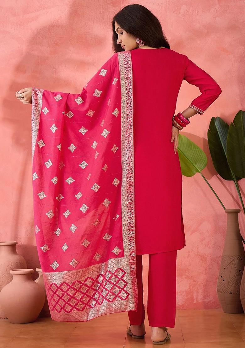 Pink Embroidered Blended Kurta Set - Indya