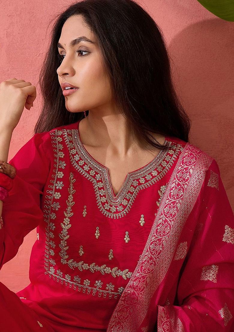 Pink Embroidered Blended Kurta Set - Indya