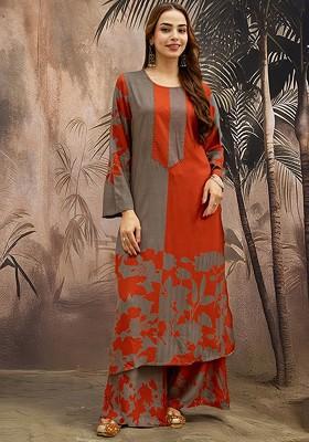 Rust Printed Blended Kurta Set