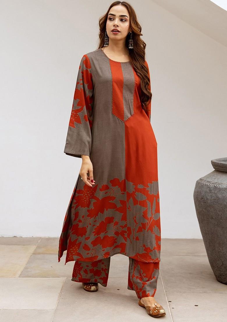 Rust Printed Blended Kurta Set - Indya
