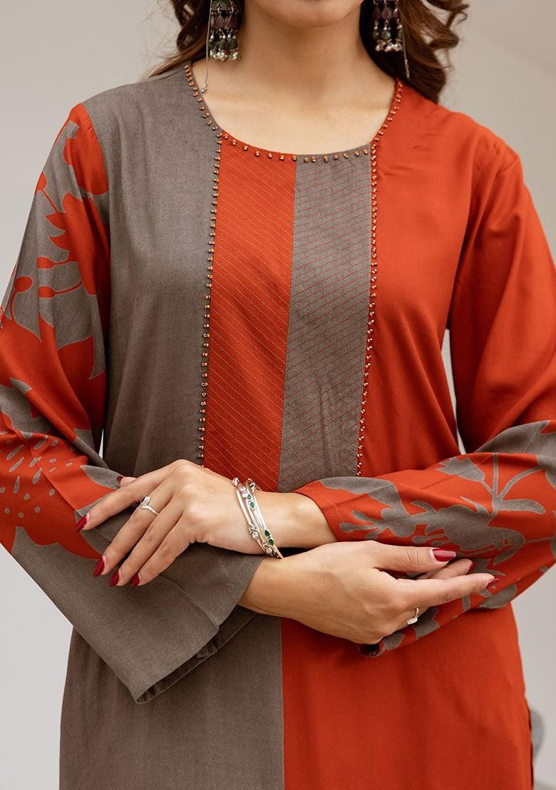 Rust Printed Blended Kurta Set - Indya