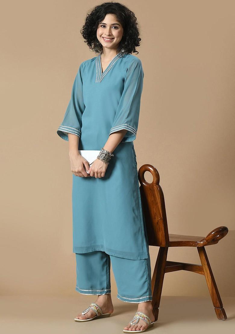 Blue Solid Blended Kurta Set - Indya