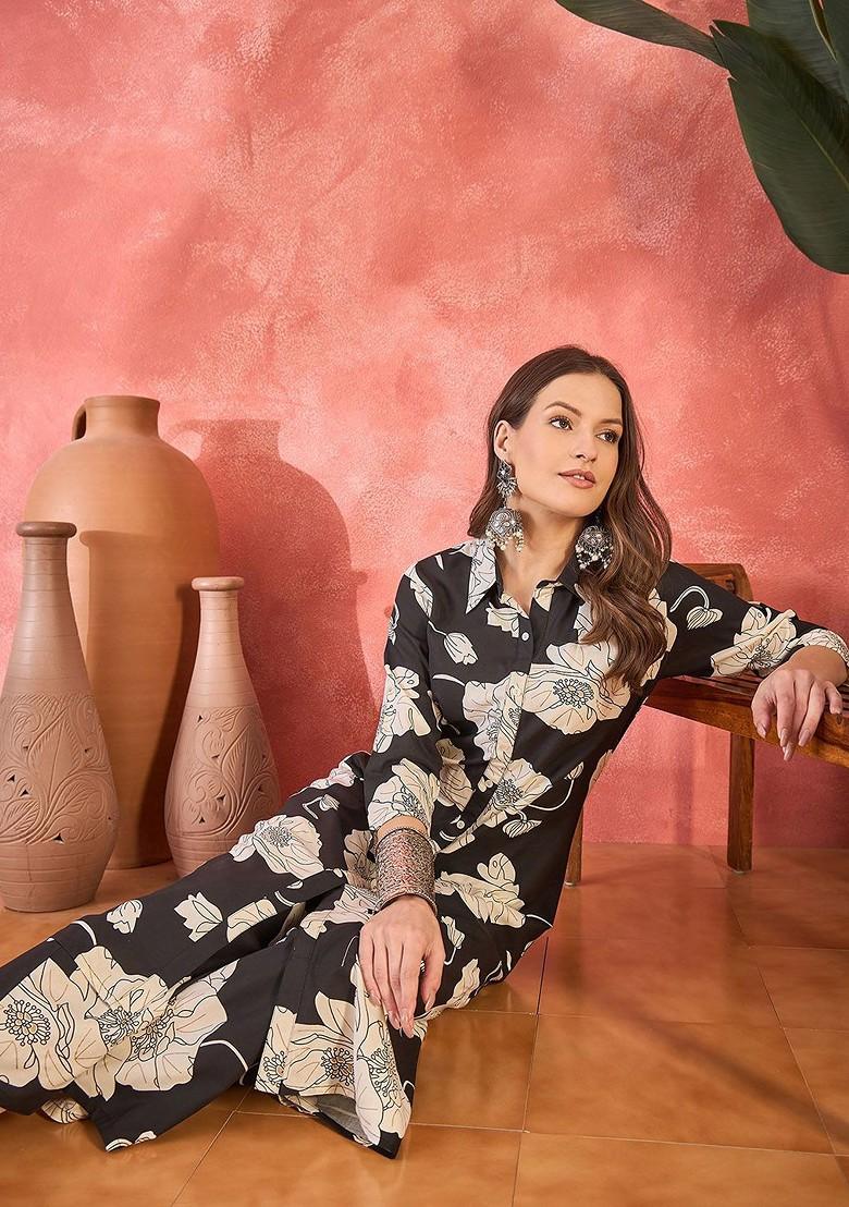 Black Printed Blended Kurta Set - Indya