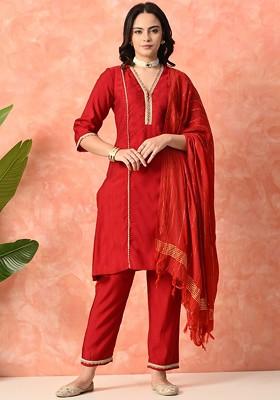 Red Embroidered Blended Kurta Set